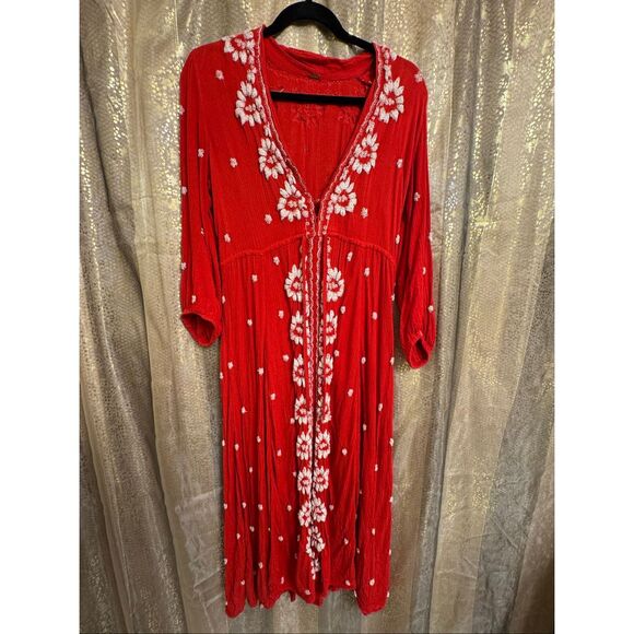 Free People Embroidered Fable Midi Dress Rock N Roll Red Medium - Picture 1 of 7
